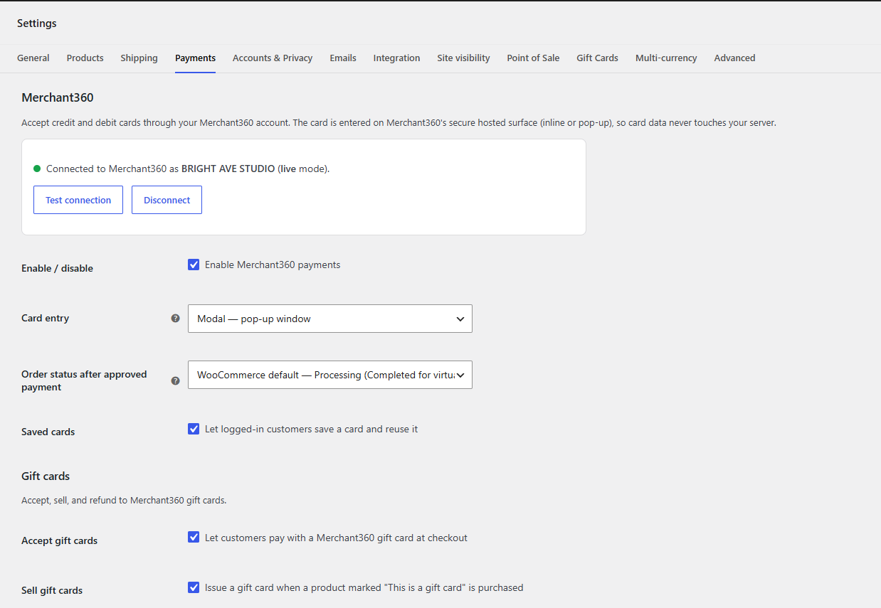 Gateway settings: connect, test connection, card entry mode, order status, and gift cards.