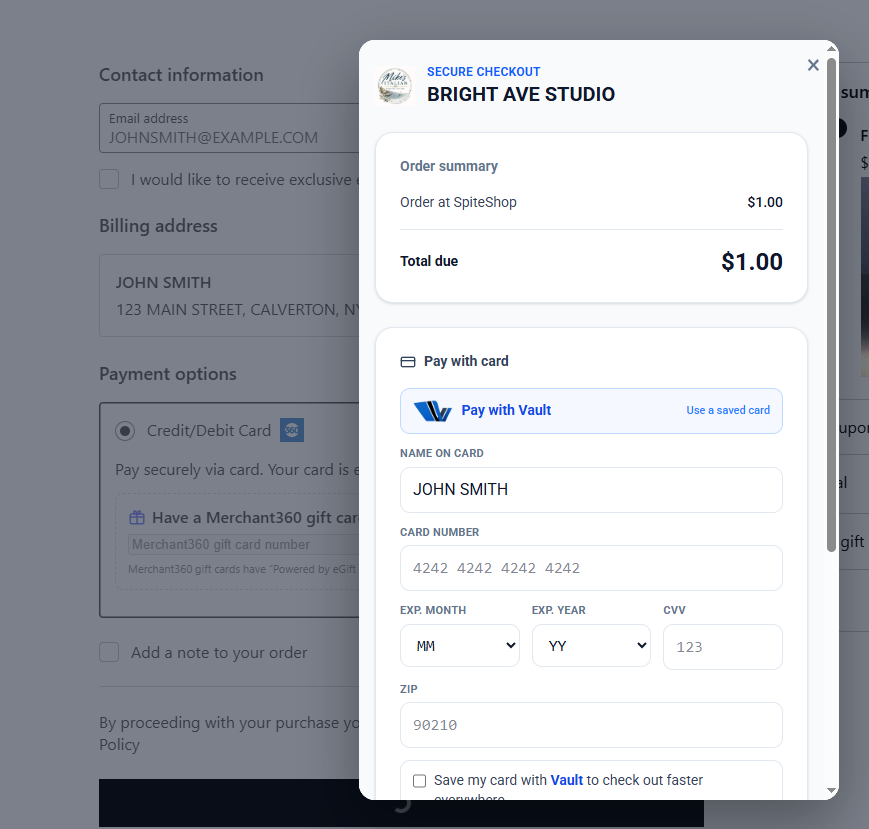The pop-up modal: the secure card form over your checkout.