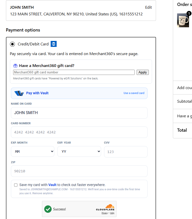 Checkout with the gift-card field and Pay with Vault (saved-card quick pay).