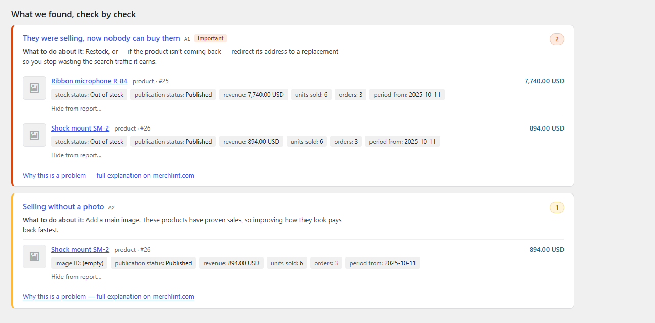 Every check that found something has its own card on the audit screen: what to do about it,
then the first items, each with the evidence in WooCommerce's own words — "Out of stock", not
"outofstock" — and the money at stake.