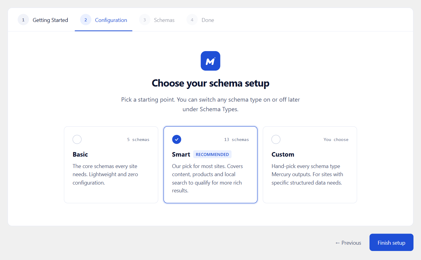 The one-minute setup wizard: choose Basic, Smart or Custom.