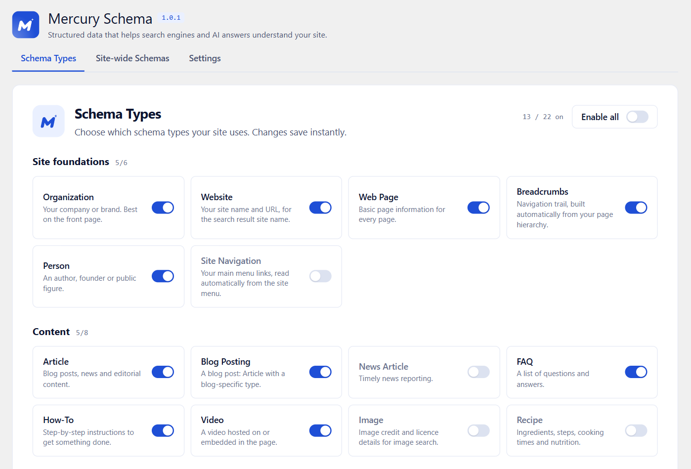Schema Types: switch each type on or off. Changes save instantly.