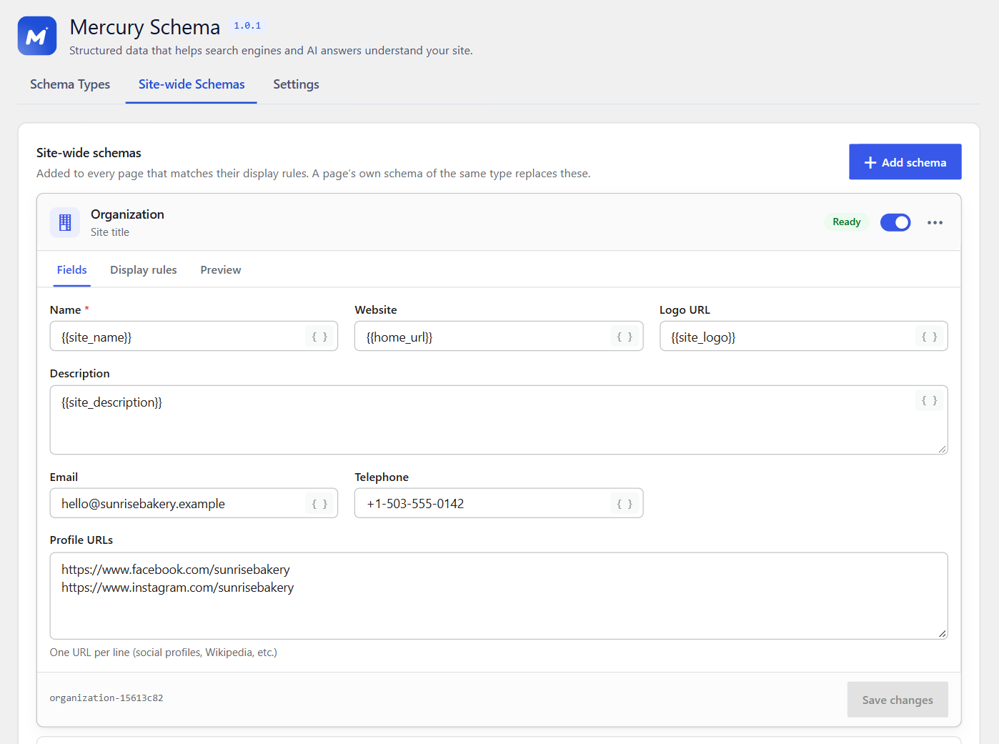 Site-wide schemas, such as your Organization, with display rules.