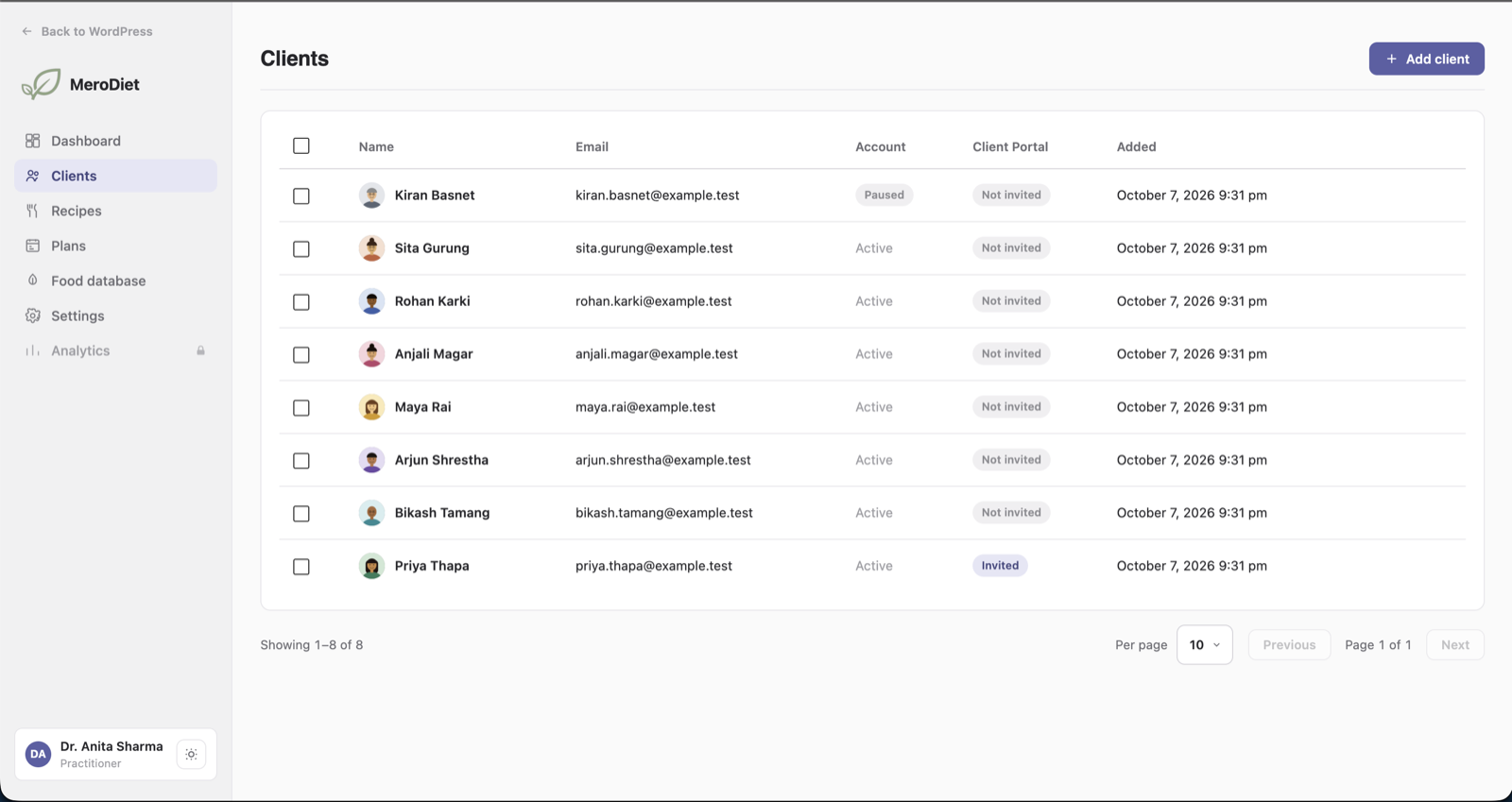 Client roster with photos, portal account status, search and filters.