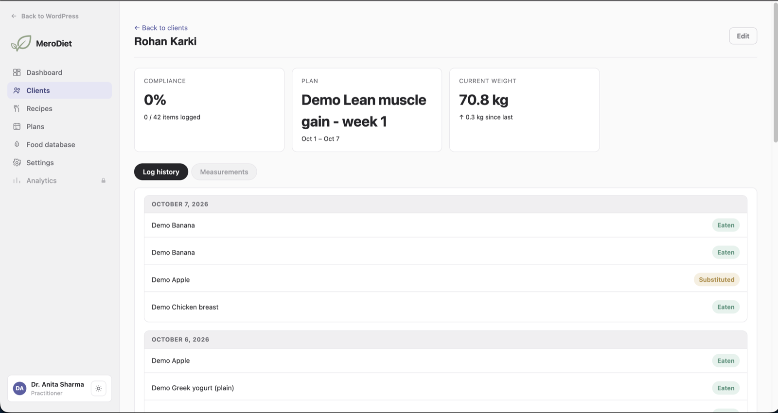 Client detail with plan compliance, current weight, log history and measurements.