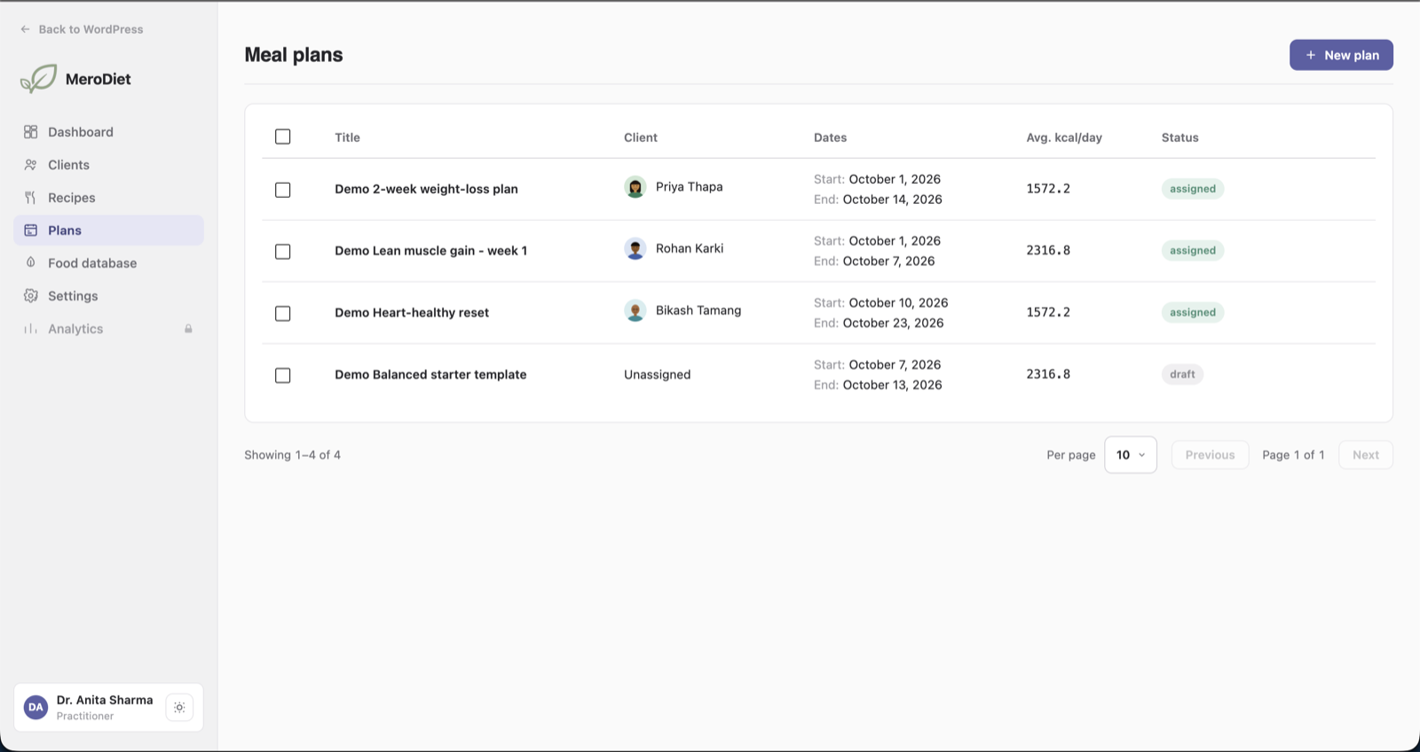 Meal plan library showing draft and assigned plans with average daily calories.