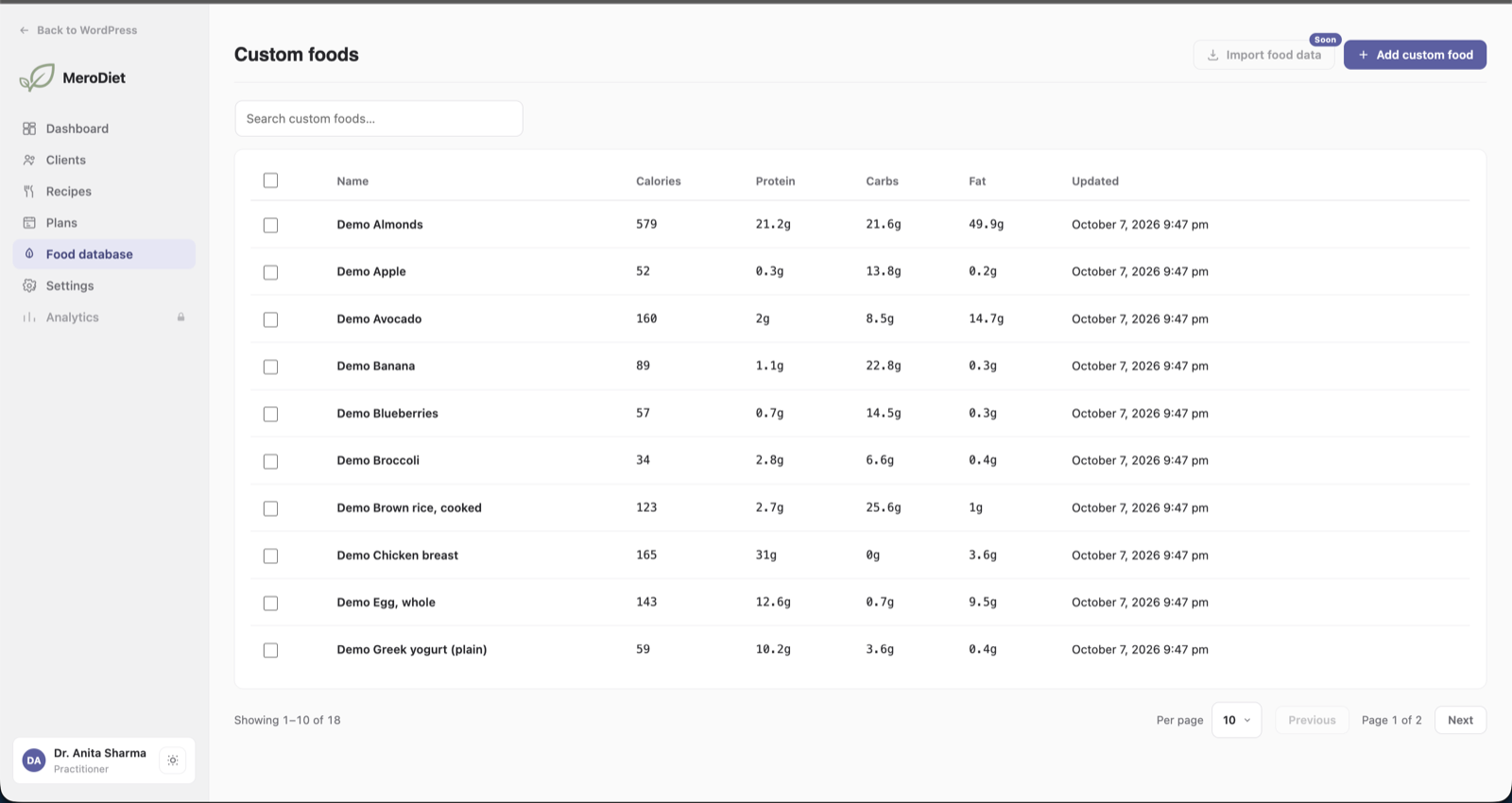 Custom food database with calories and macronutrients per 100 g.