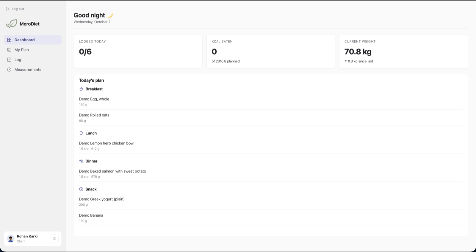 Client portal dashboard showing today's plan, meals logged and current weight.