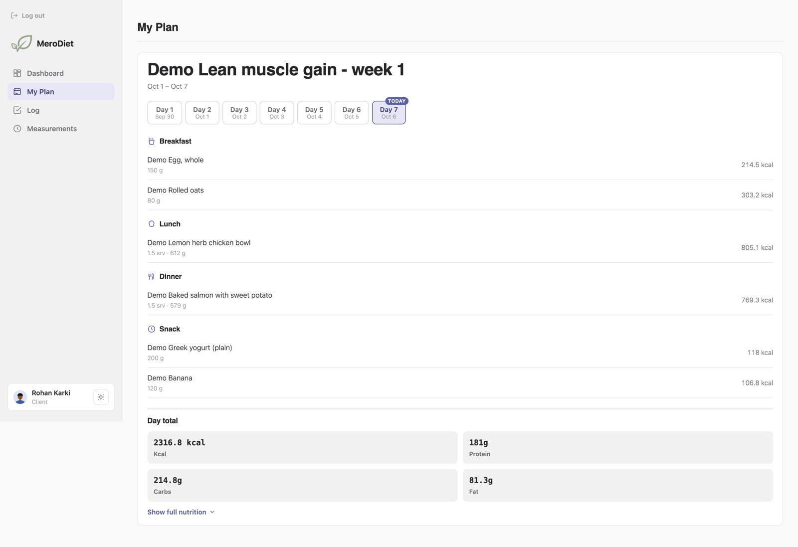 Client portal "My Plan" with each day's meals, quantities and nutrition totals.