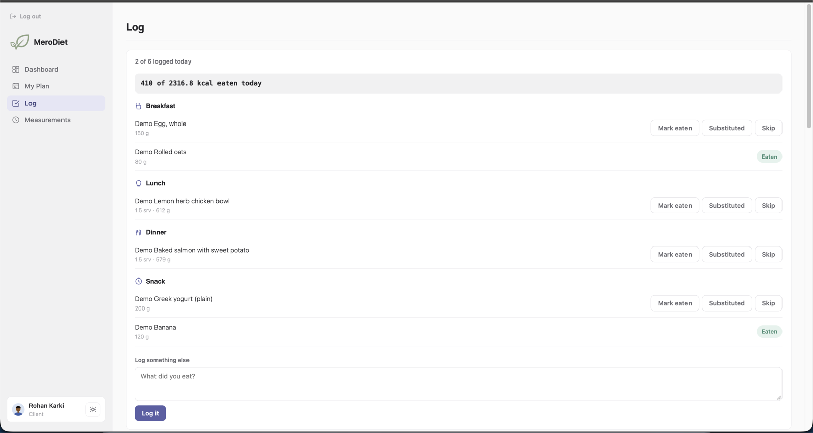Client portal log where clients mark meals as eaten, substituted or skipped.