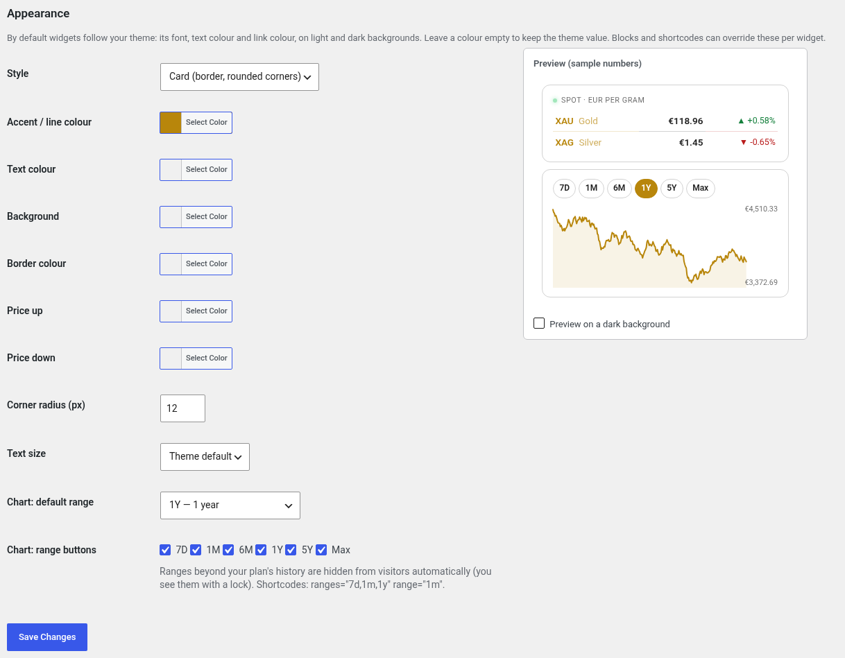 Settings → MetalflowAPI → Appearance with colour pickers and live preview.