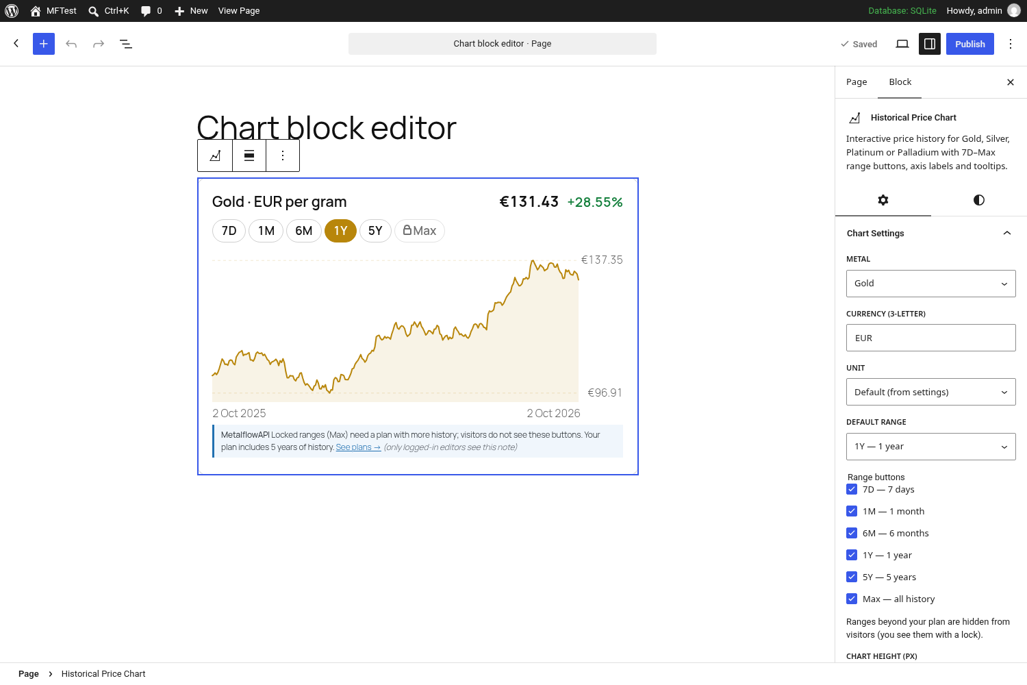 Block inspector: chart settings, range buttons and "Widget style" panel.