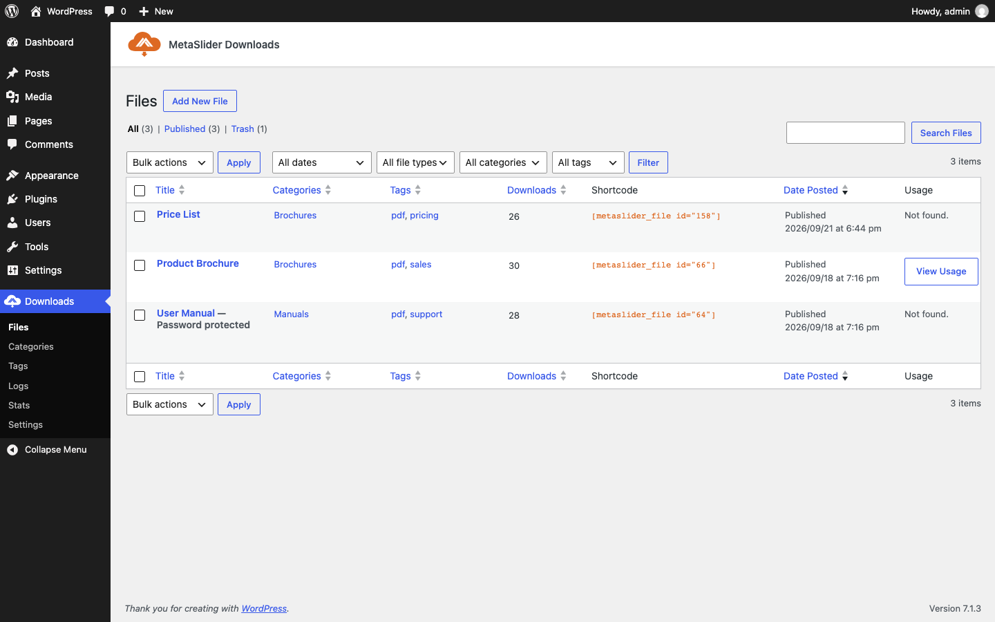The Files list shows every download with its categories, tags, download count and shortcode.