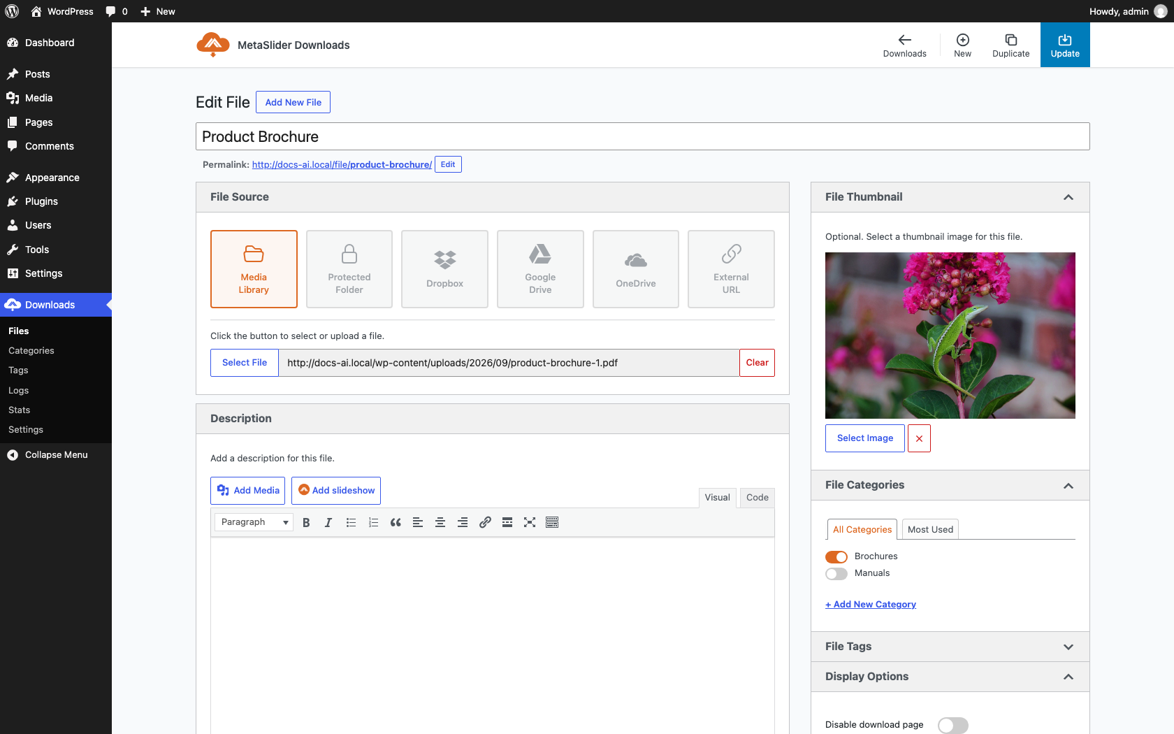 Edit a download: choose the file, add a thumbnail and pick how it shows on your site.