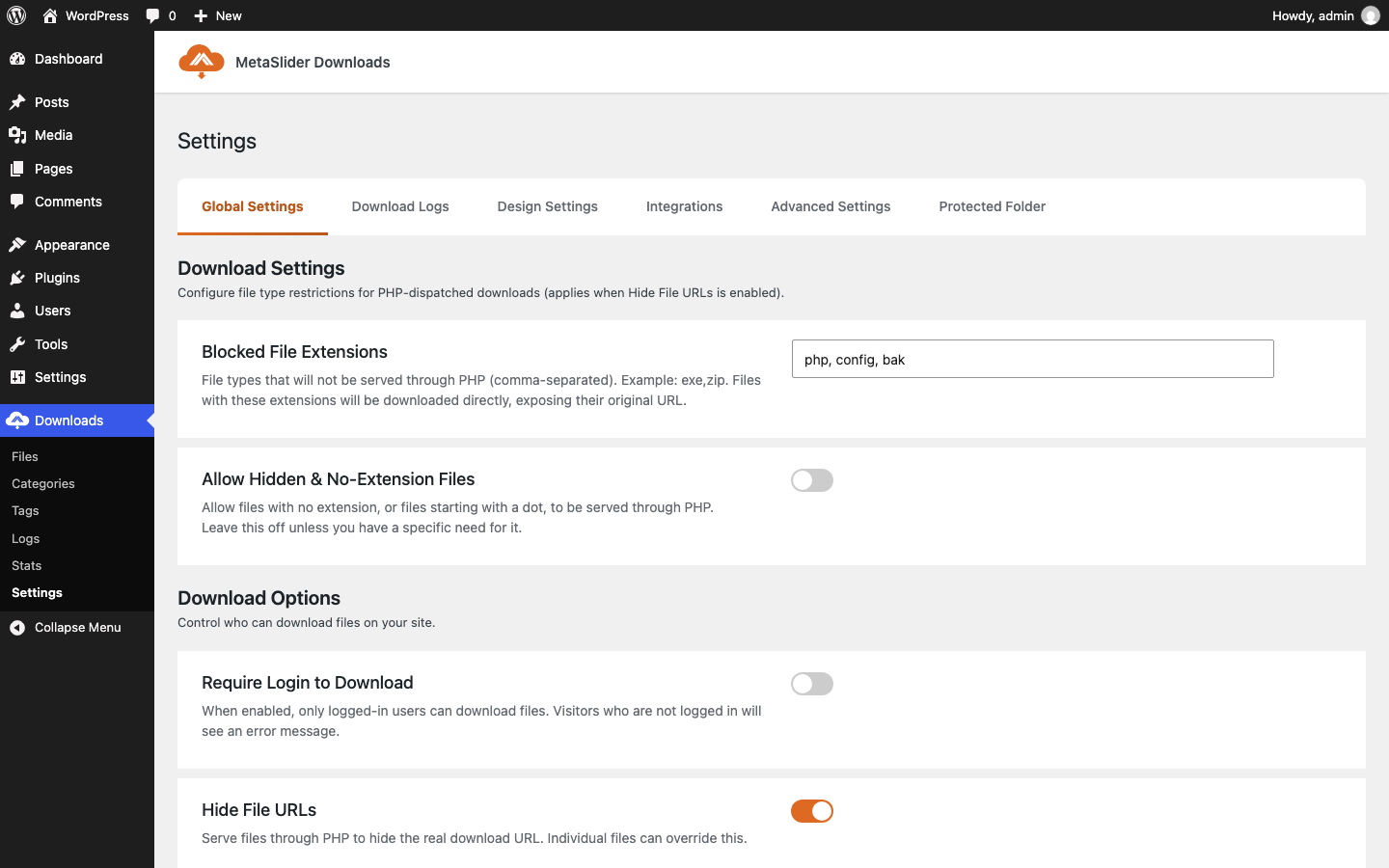 Settings let you require a login, hide the real file URL, style the button and more.