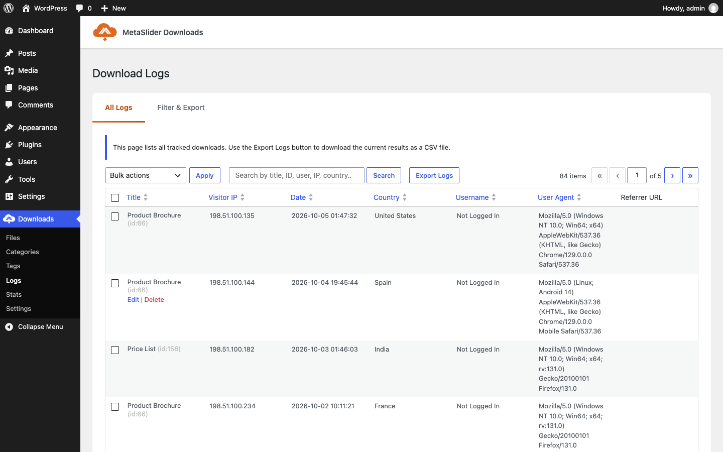 The Logs screen lists every download with its date, IP address, country and browser. You can export it as a CSV file.