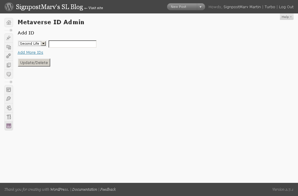 The <code>Metaverse ID</code> plugin page before any profiles have been added.