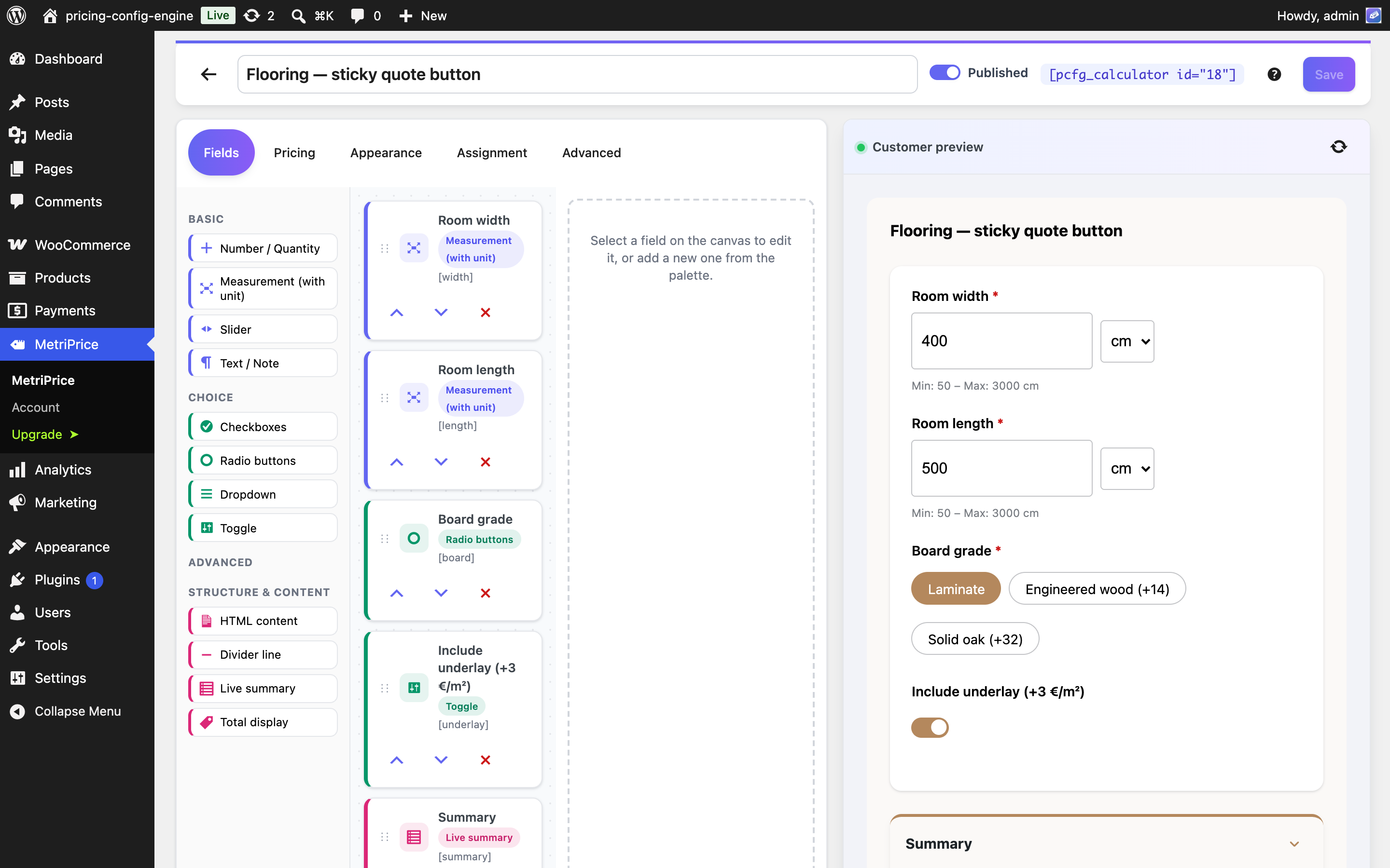 Visual builder — field palette, canvas, inspector and a live customer preview beside the editor