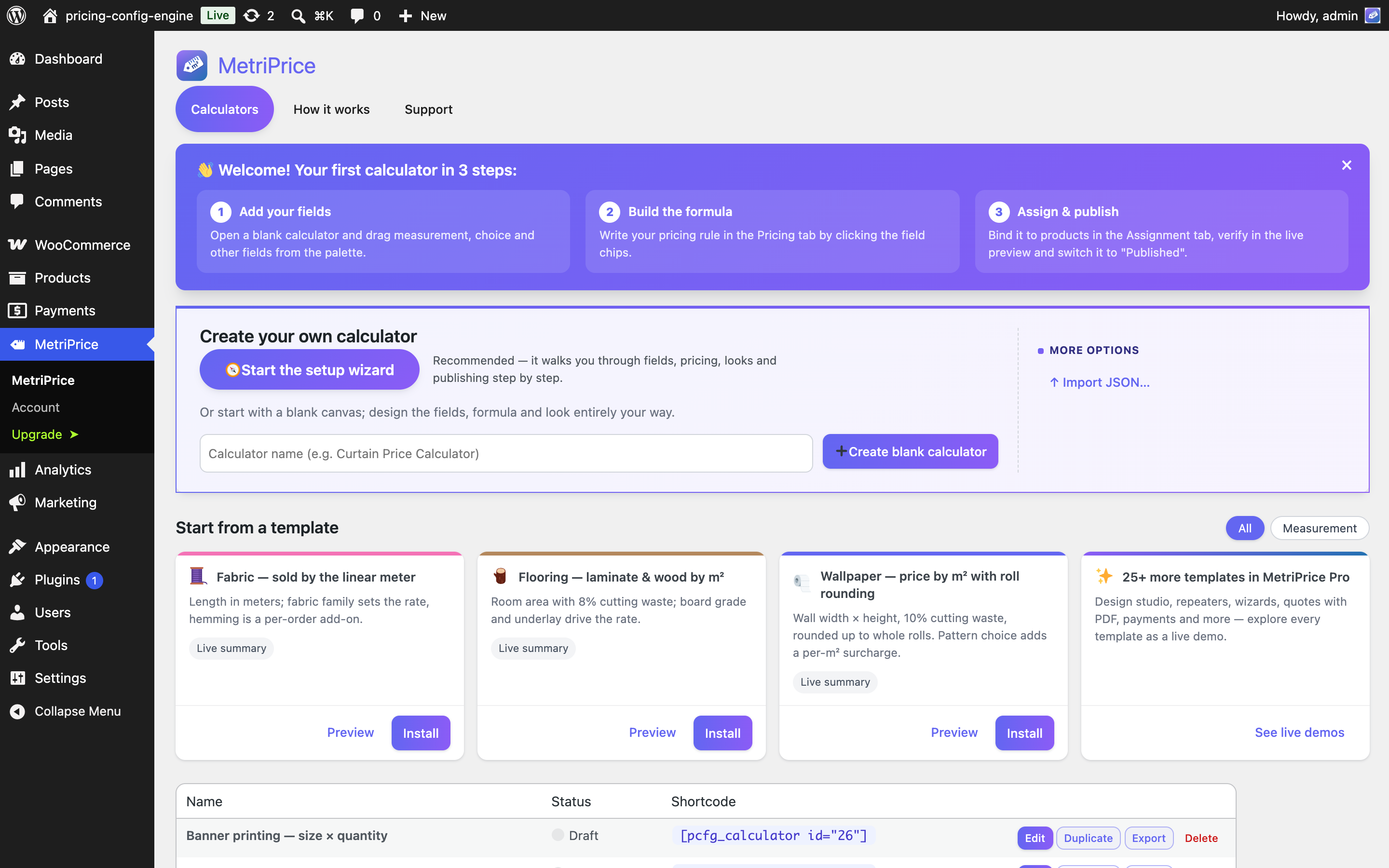 Template gallery — ready-made templates with category filters, live preview and one-click install