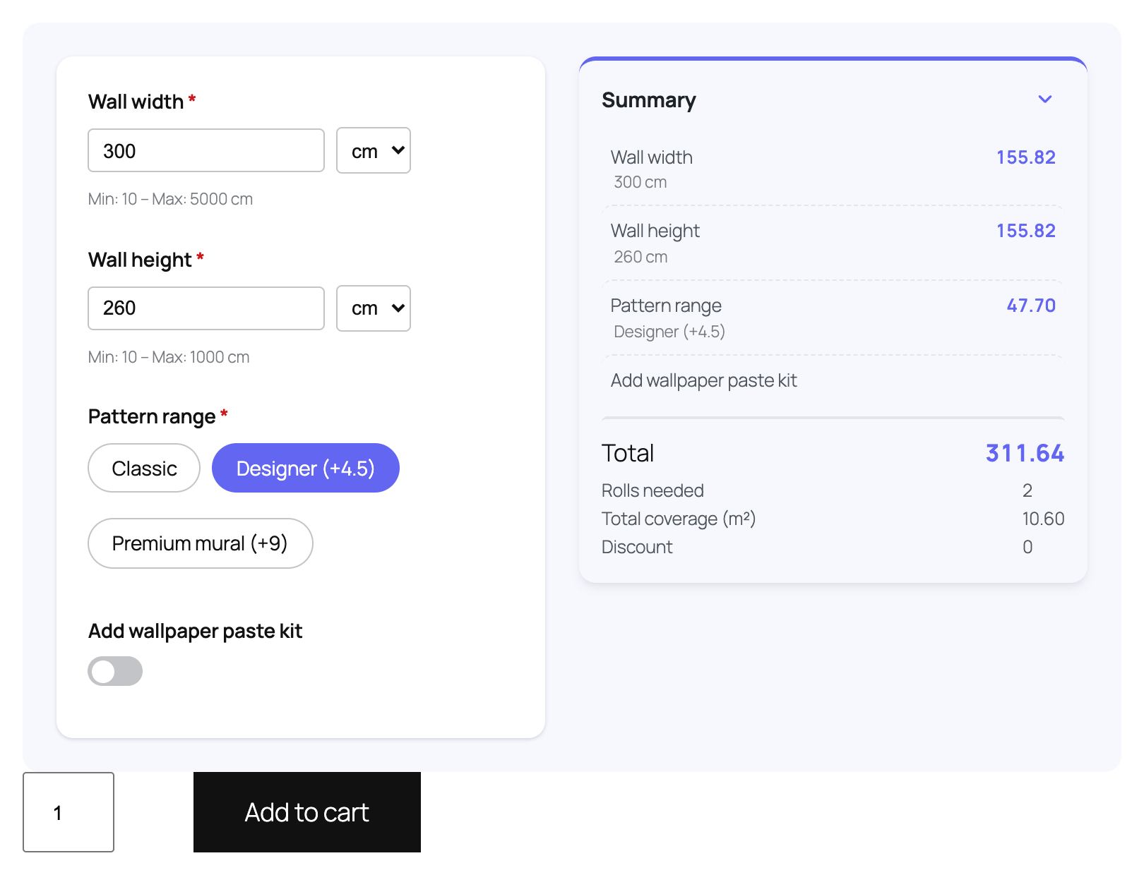 Calculator embedded on a WooCommerce product page with a live receipt summary
