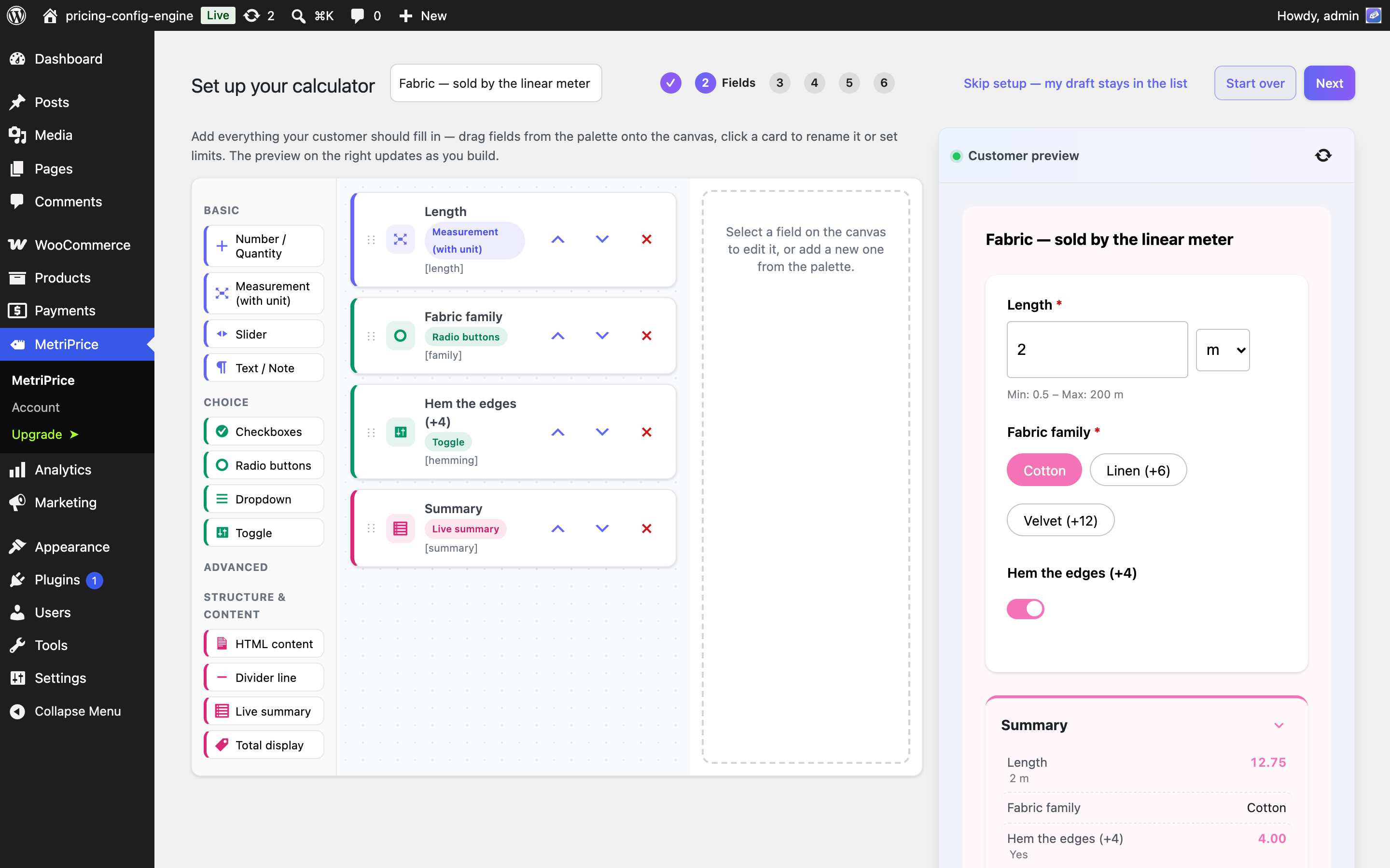 Guided setup wizard — fields, pricing and appearance with a live preview at every step