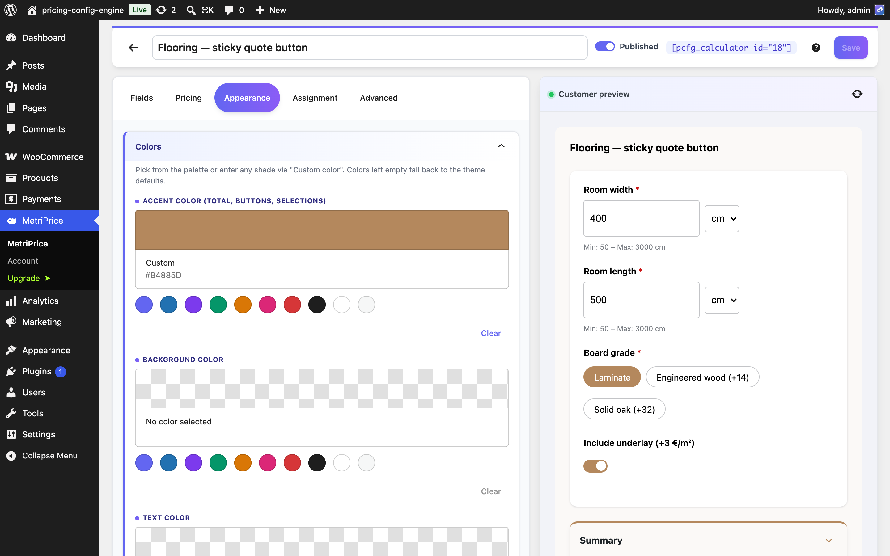 Appearance styling — accent, colors and per-field basics tuned live