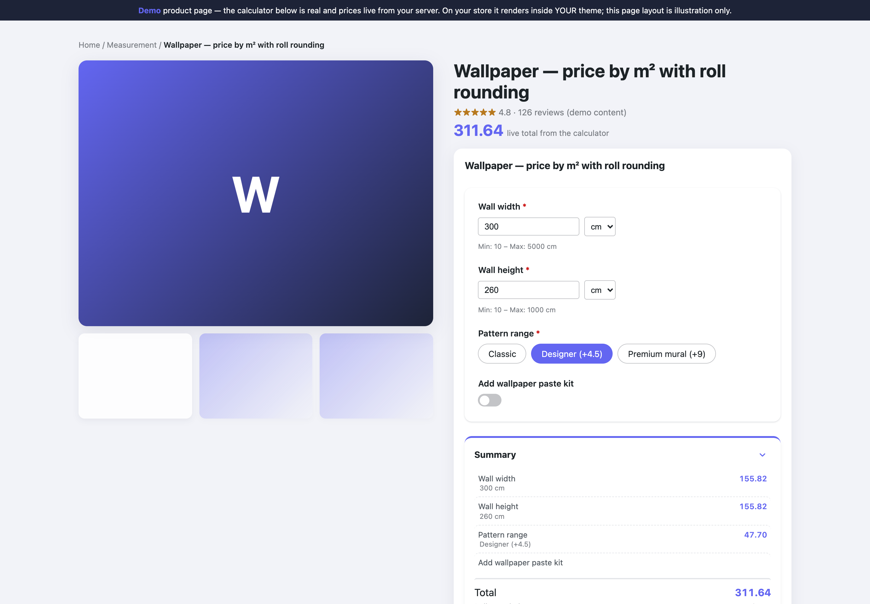 Template preview as a full demo product page — install-free look at a template before adding it
