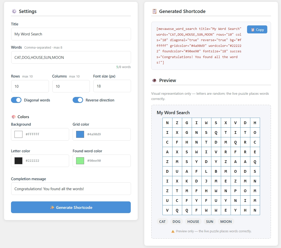 Admin Shortcode Builder with live preview.