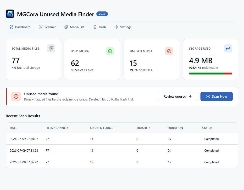 Dashboard overview with media usage stats and reclaimable storage.