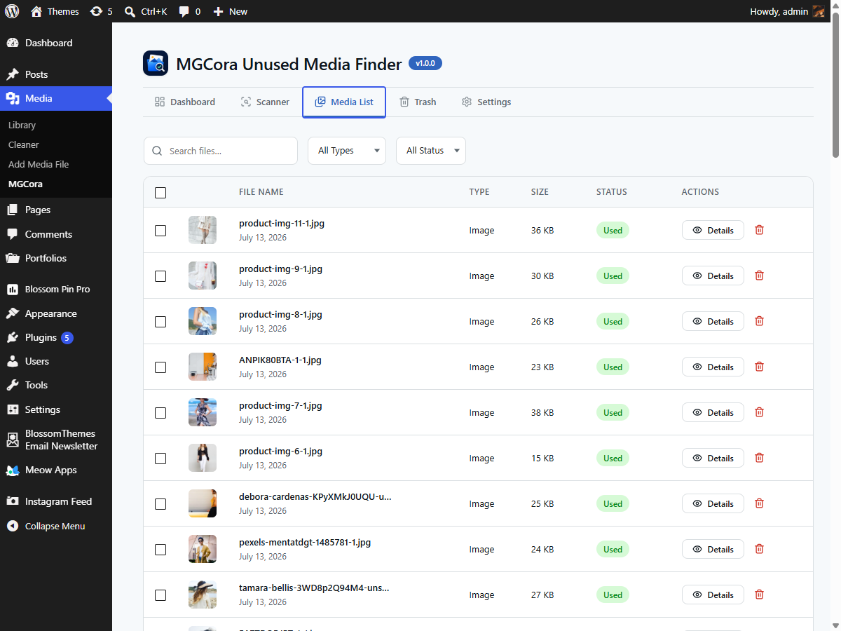 Media List showing used/unused status with filtering and bulk actions.