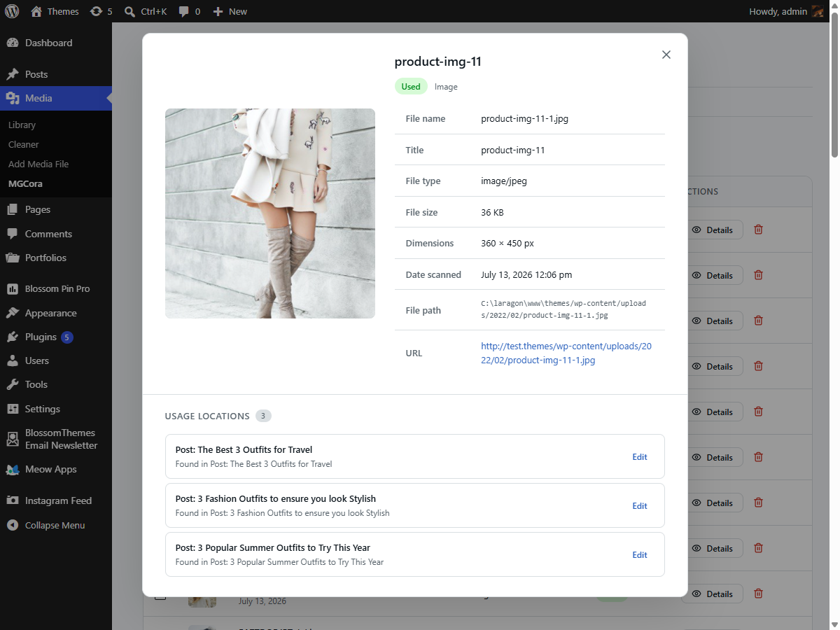 Media detail view listing exactly where a file is used.