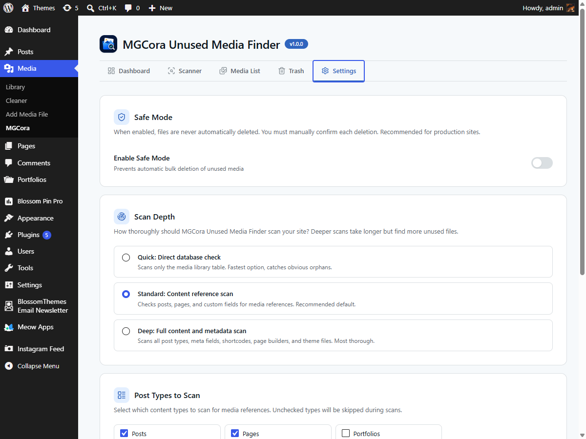 Settings: Safe Mode, scan depth, post types, and backup options.