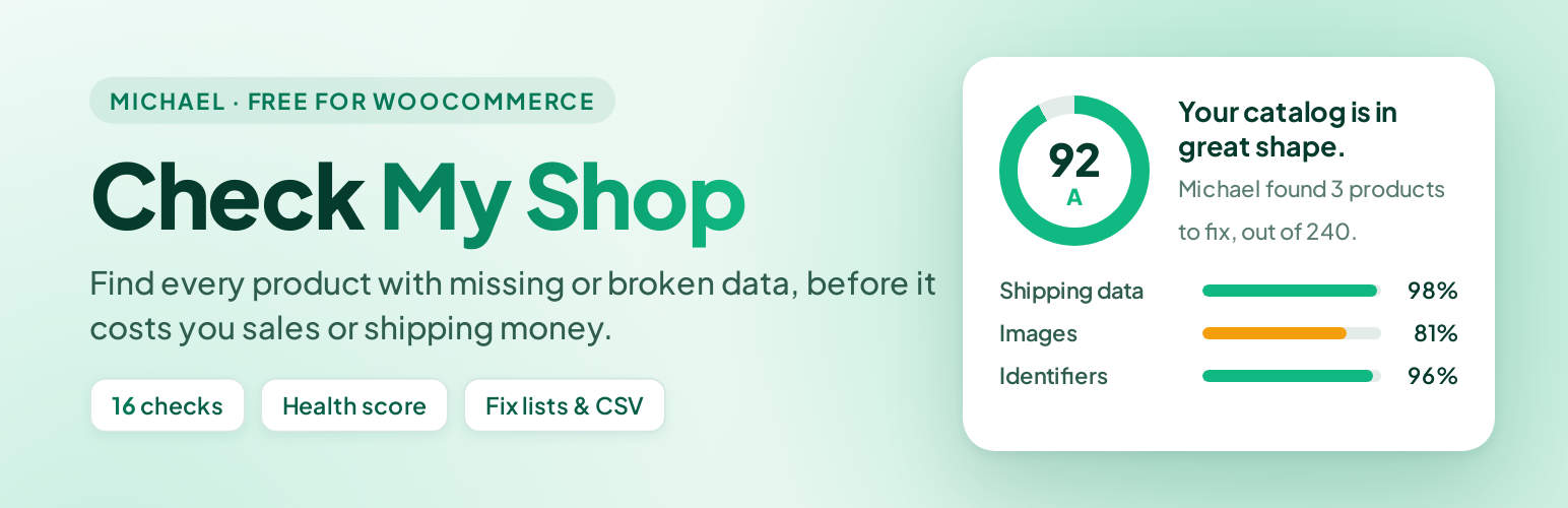 WordPress 外掛 Michael, Check My Shop – Product Data Audit for WooCommerce 的封面圖片