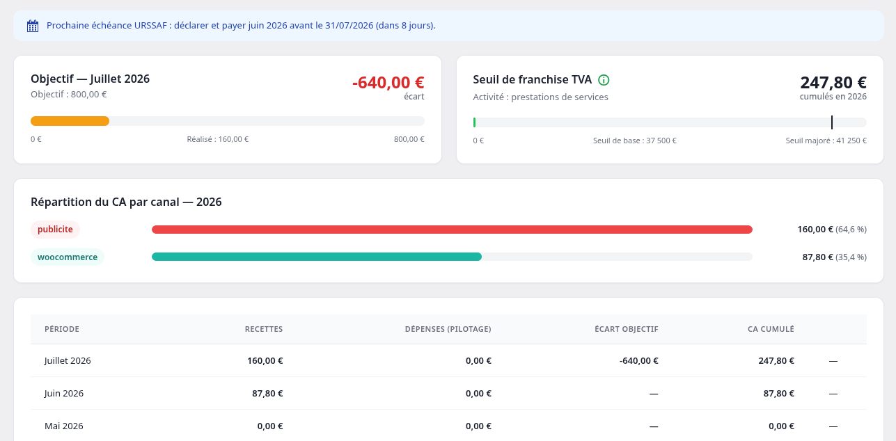 Dashboard: VAT threshold gauge and revenue goal tracker.