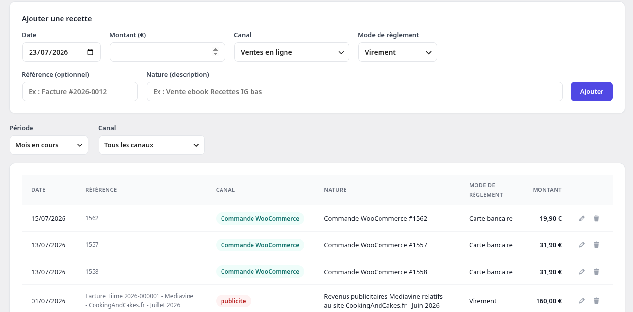 Income screen with quick entry and custom channels.
