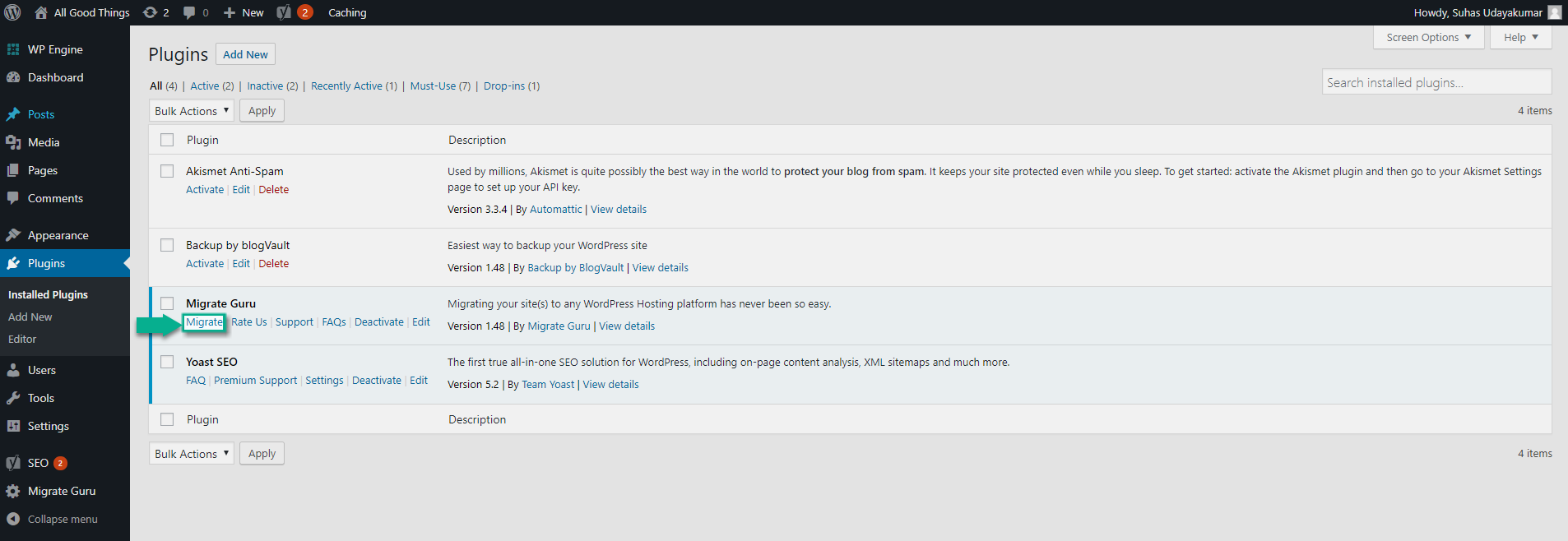 Click on 'Migrate' leads to a choice of host-based or cPanel/FTP based migrations