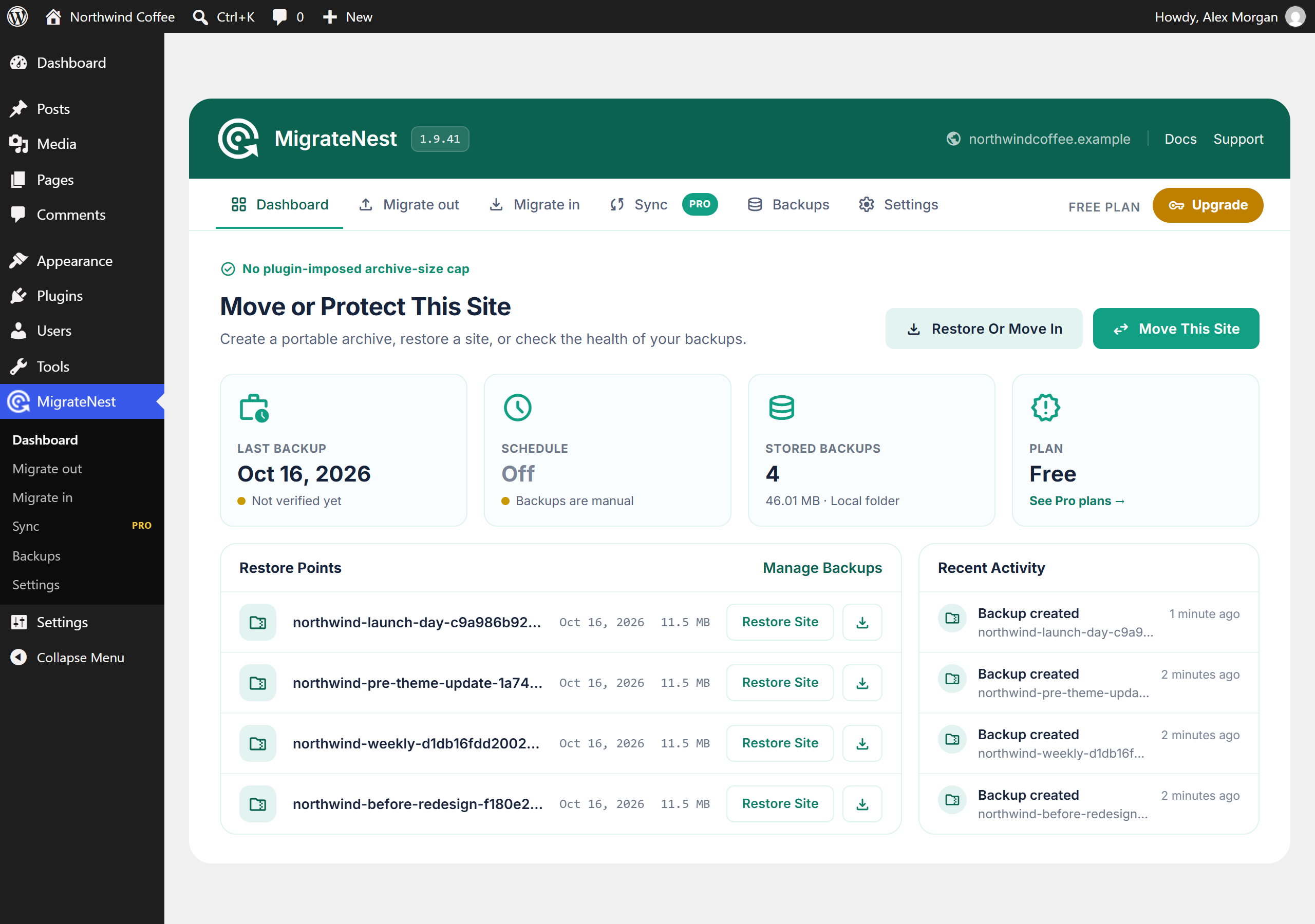 Dashboard - your last backup, stored restore points and recent activity at a glance.