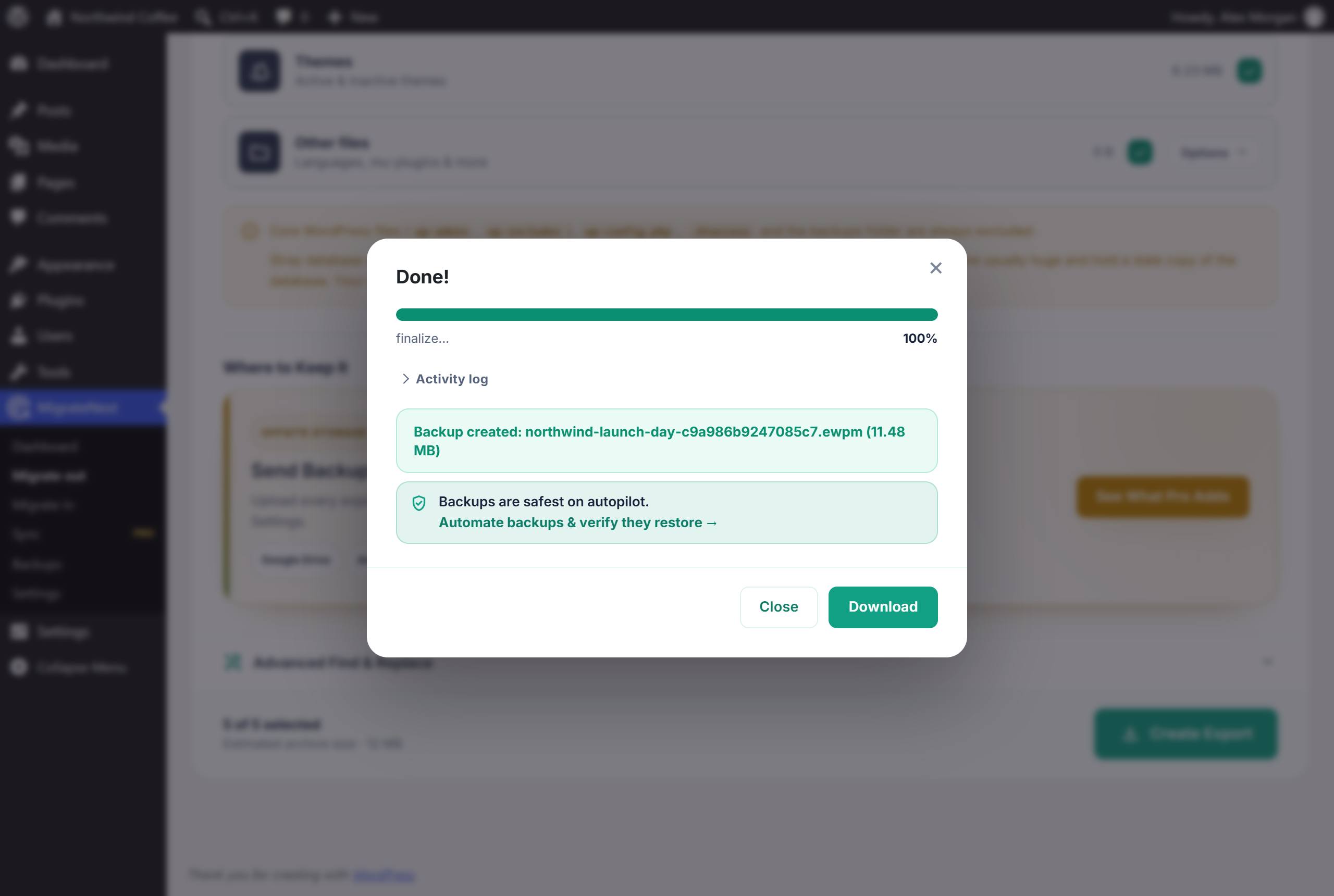 Export finished - download the archive or keep it on this server as a restore point.