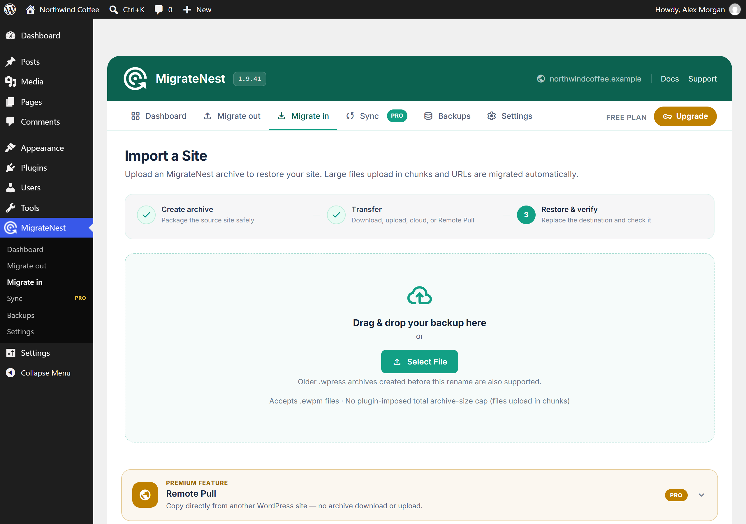 Migrate in - drag and drop an archive; large files upload in chunks with no plugin-imposed size cap.