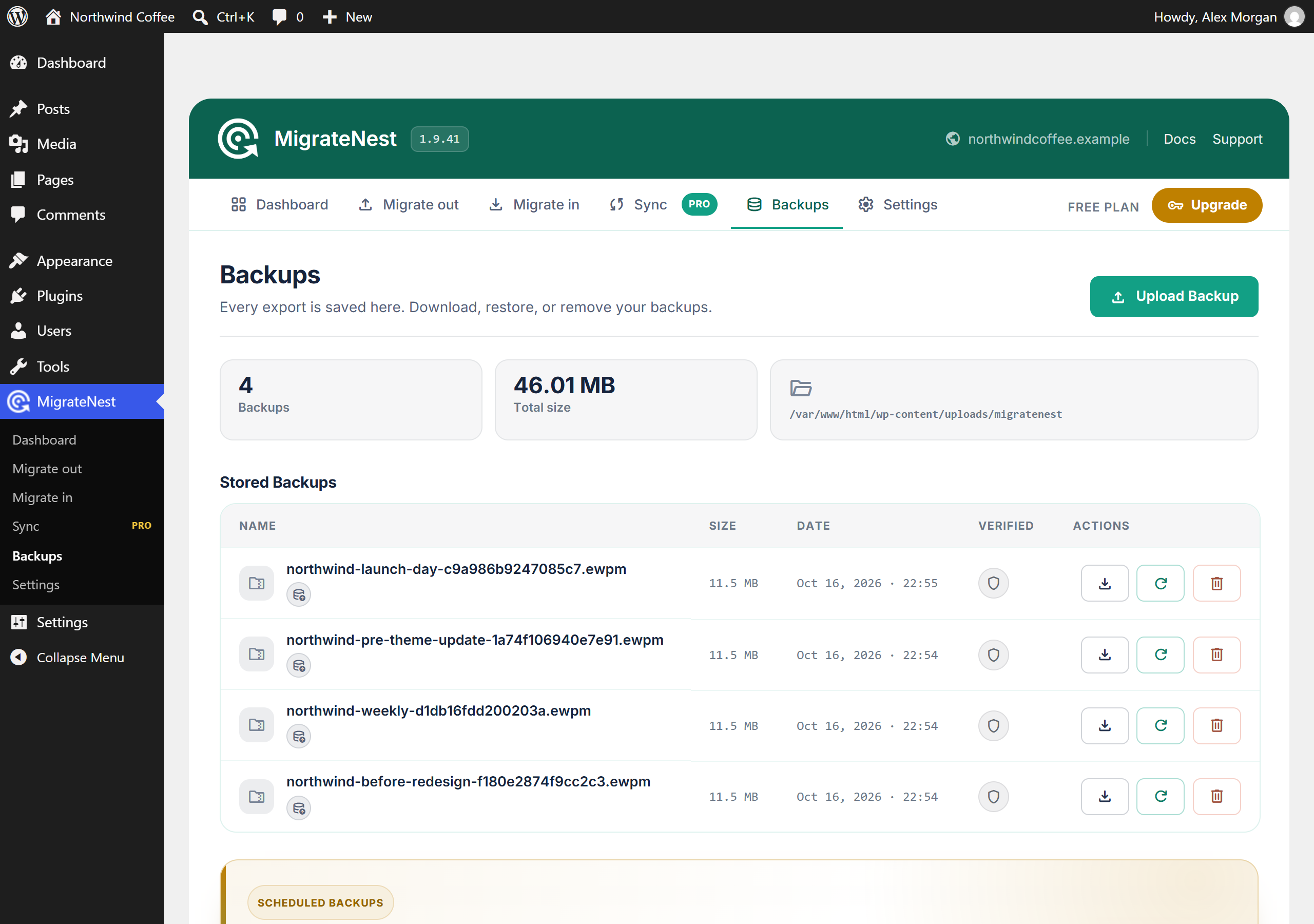 Backups - download, restore or delete every archive stored on this site.