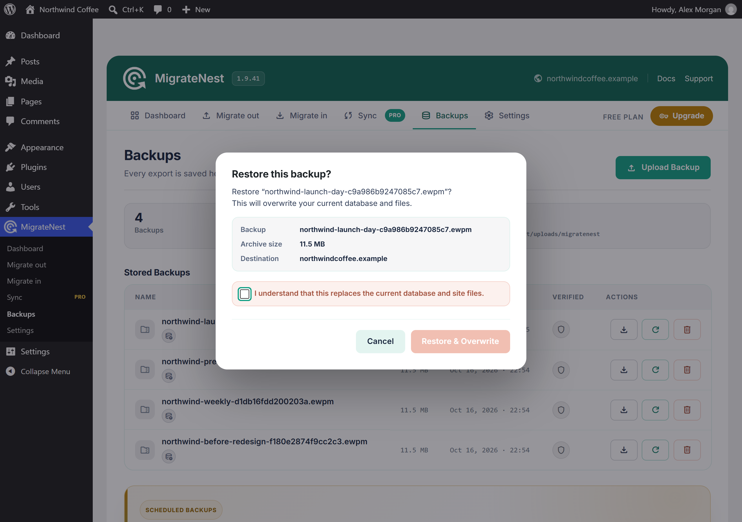 Restoring asks you to confirm before your database and files are replaced.