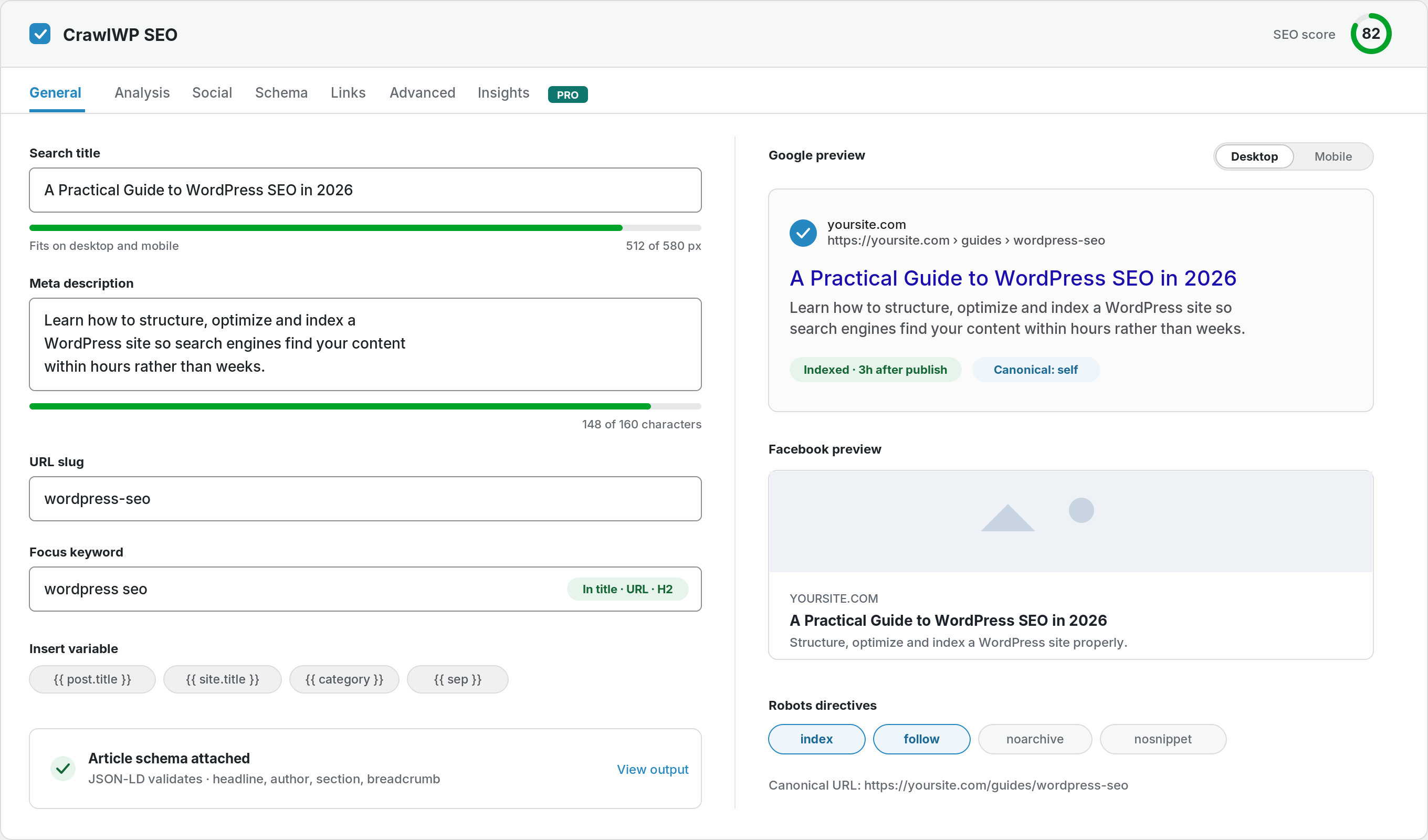 The SEO metabox: search title, meta description and a live Google preview measured in pixels.
