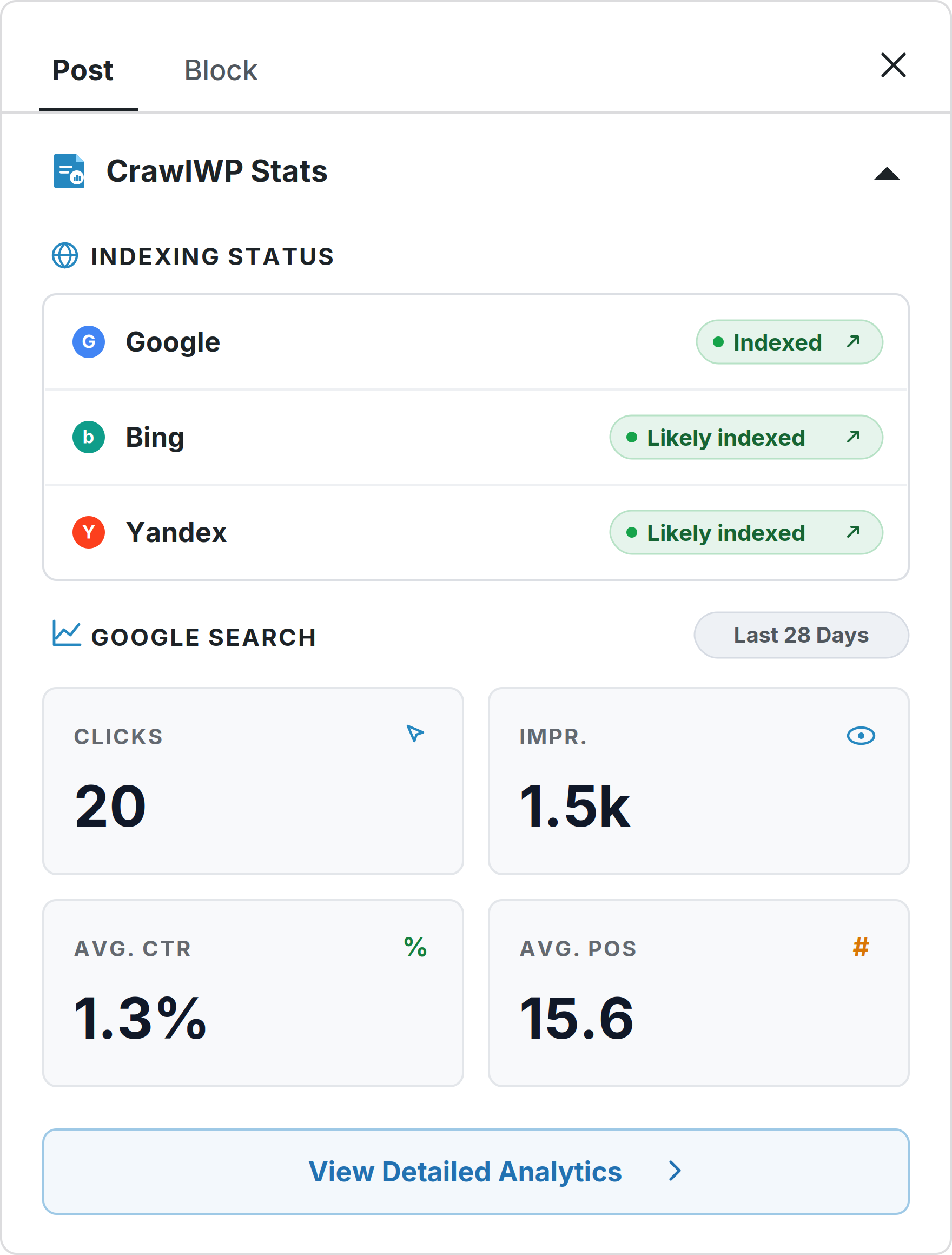 (Premium) CrawlWP Stats in the editor sidebar: index status and 28 days of Google search data for the post you are editing.