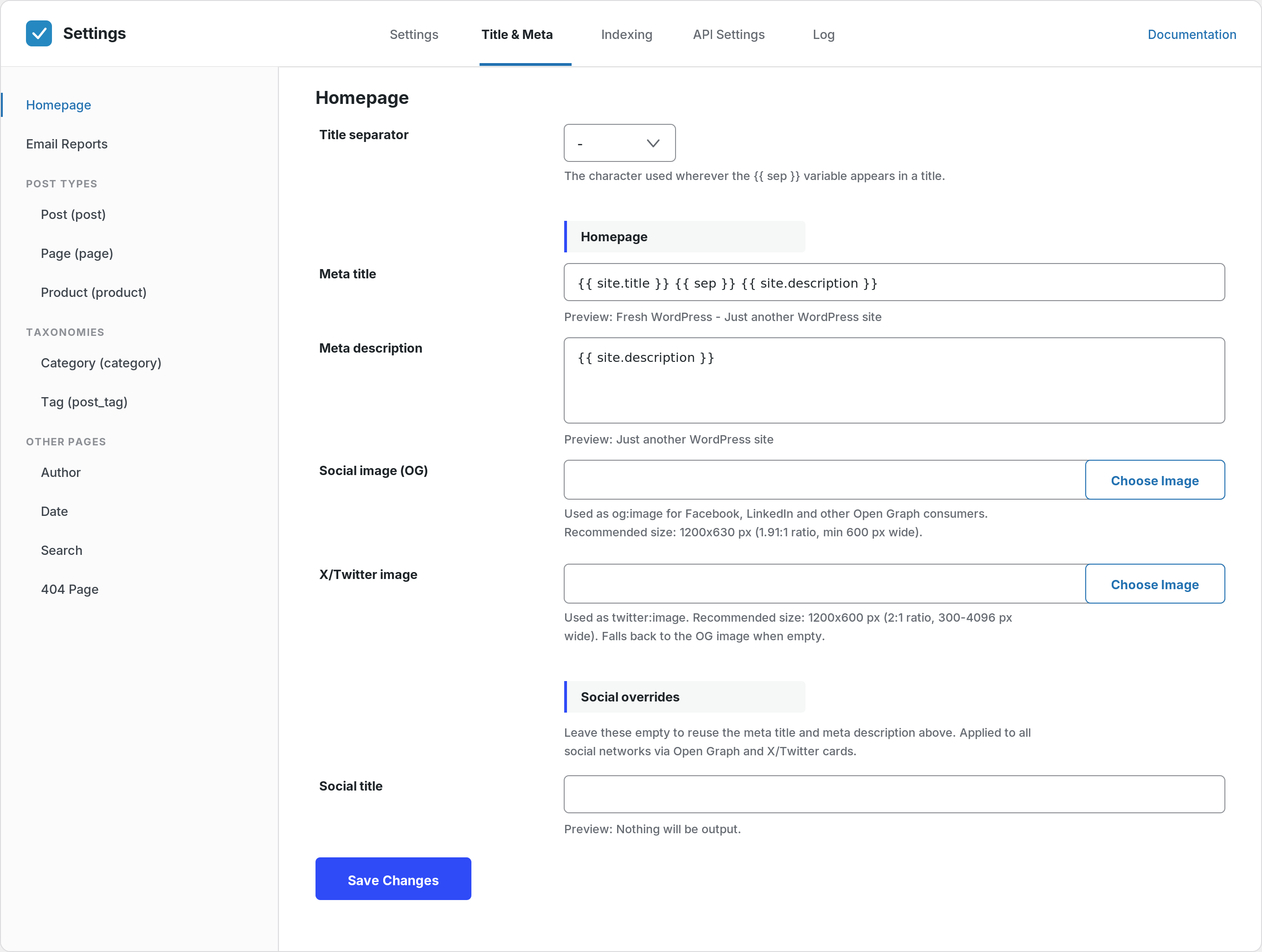 Title & Meta templates for the homepage, every post type, taxonomy and archive.