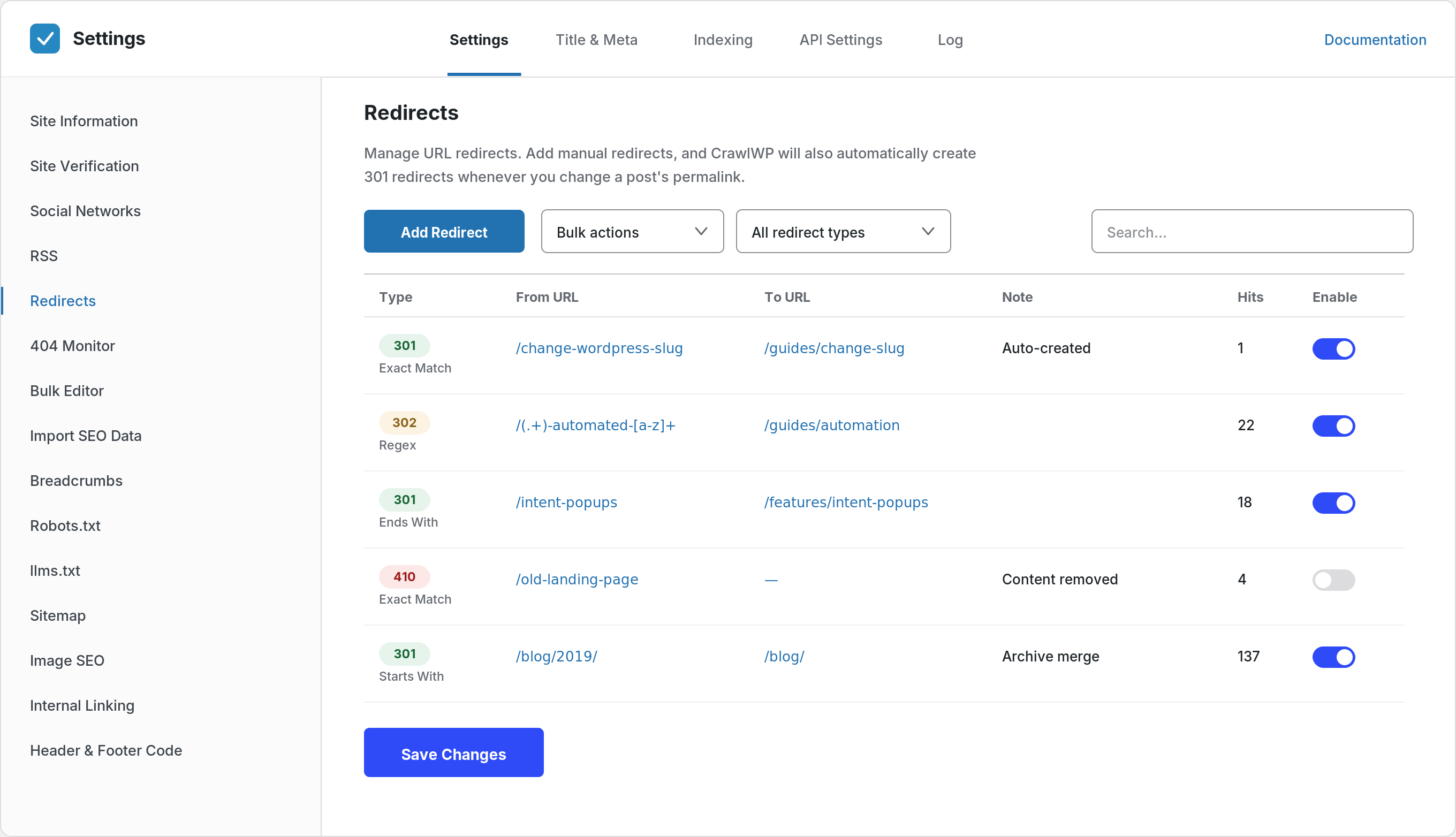 Redirect manager: 301, 302 and 410 rules with regex matching and hit counts.