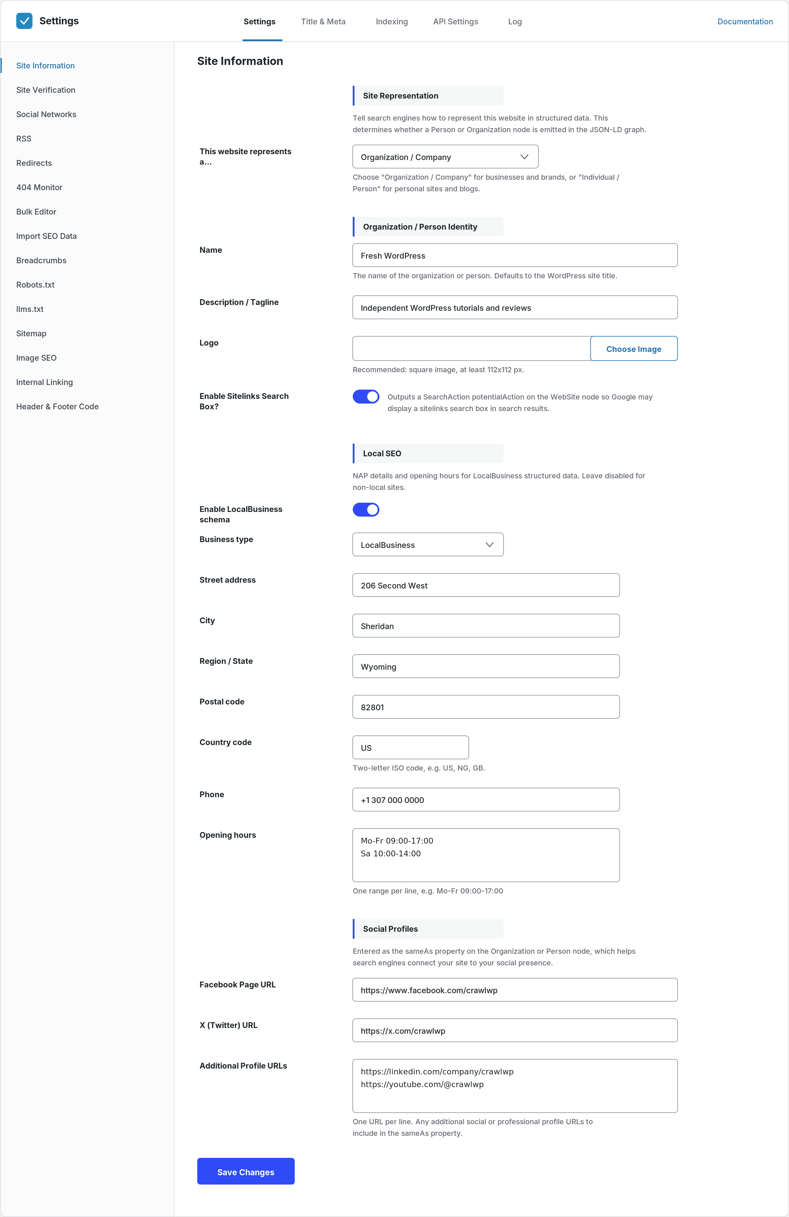 Site Information: organization or person schema, logo, Local SEO and social profiles.