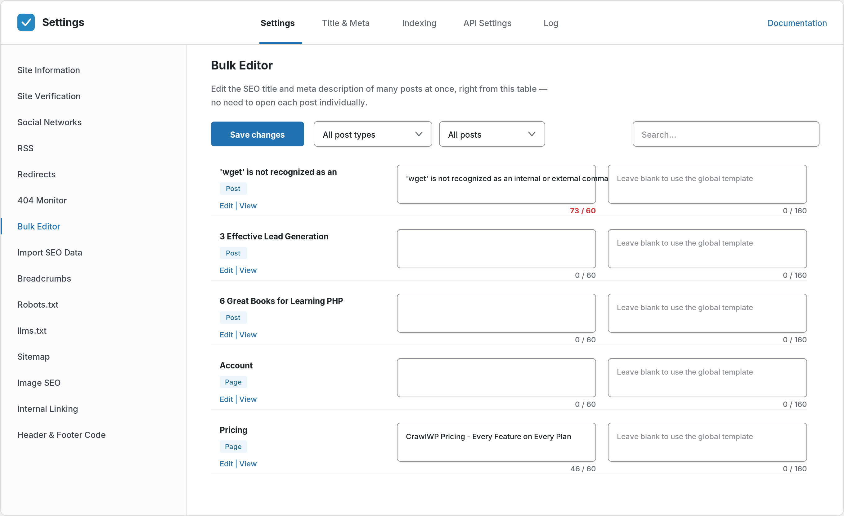 Bulk editor: fix SEO titles and meta descriptions across many posts from one table.