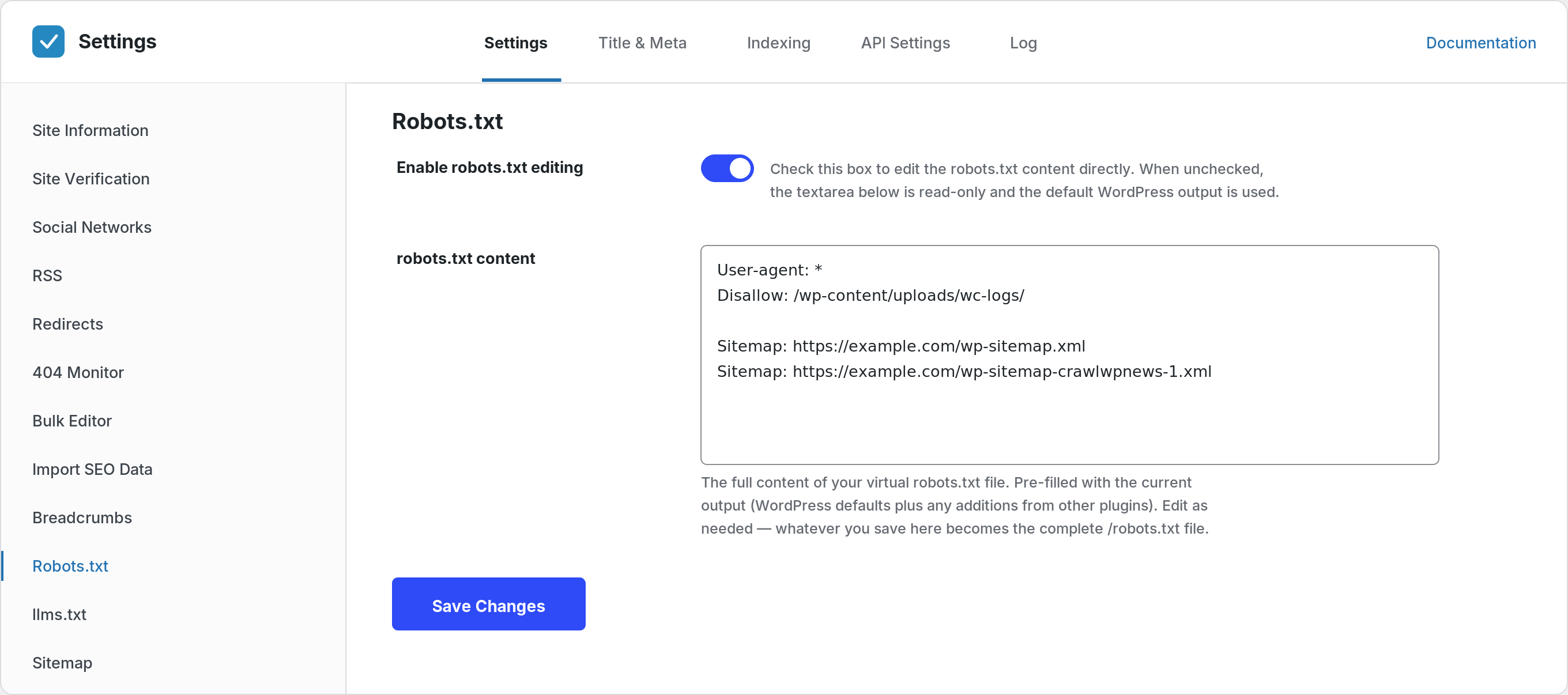 robots.txt editor, pre-filled with what your site actually serves.