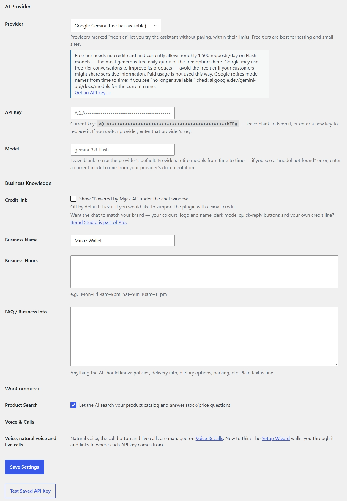 Settings: AI provider, model, business hours and knowledge base.