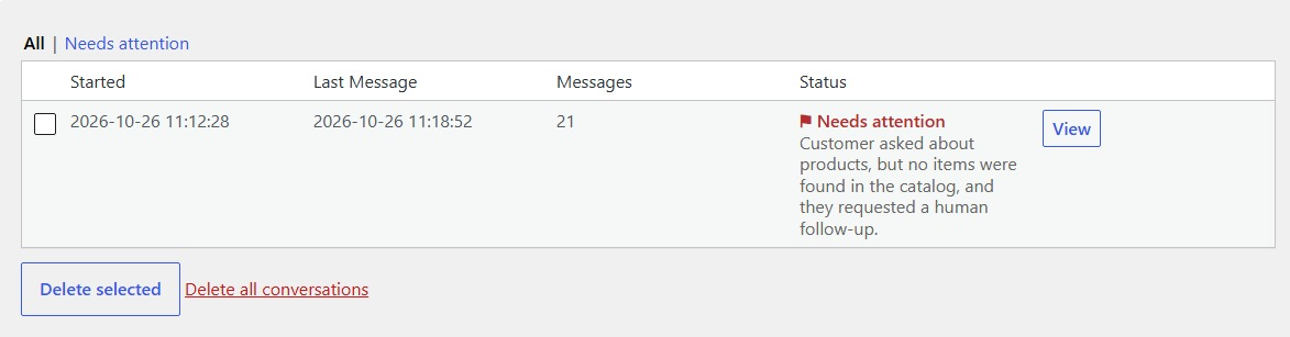 Conversations: saved chat history, with delete and personal-data tools.